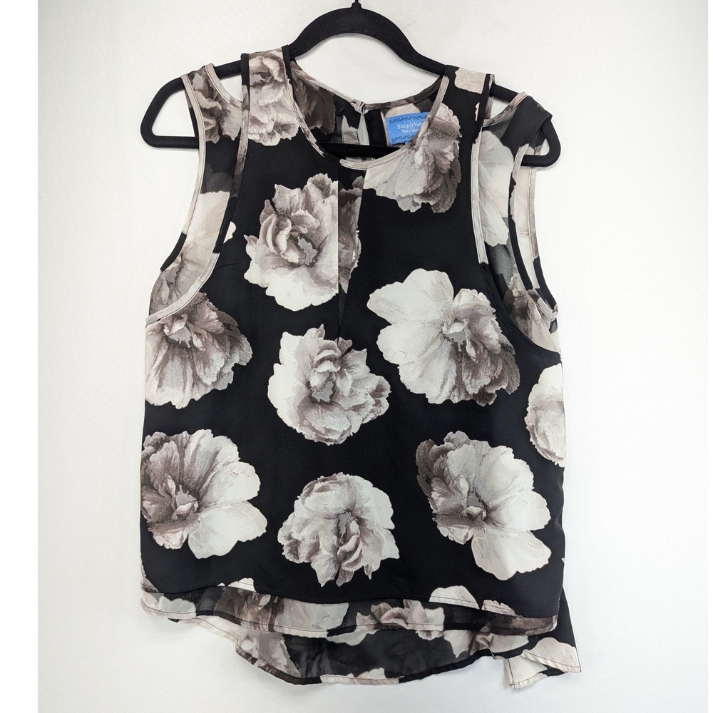 Simply Vera Vera Wang Floral Sleeveless Blouse Black Gray Petite Large Cut Out L